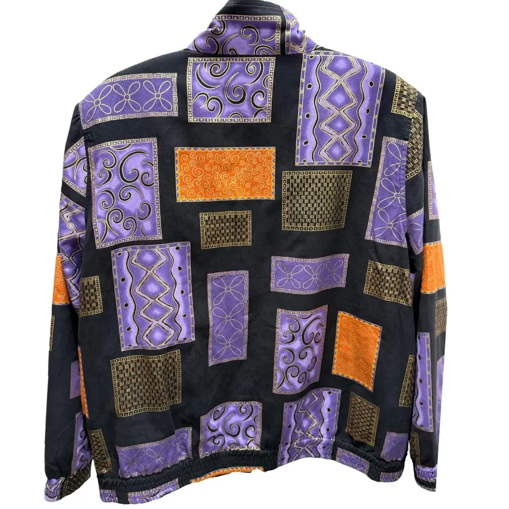 Vintage Jacket Purple Black Gold Zip Front Size PL